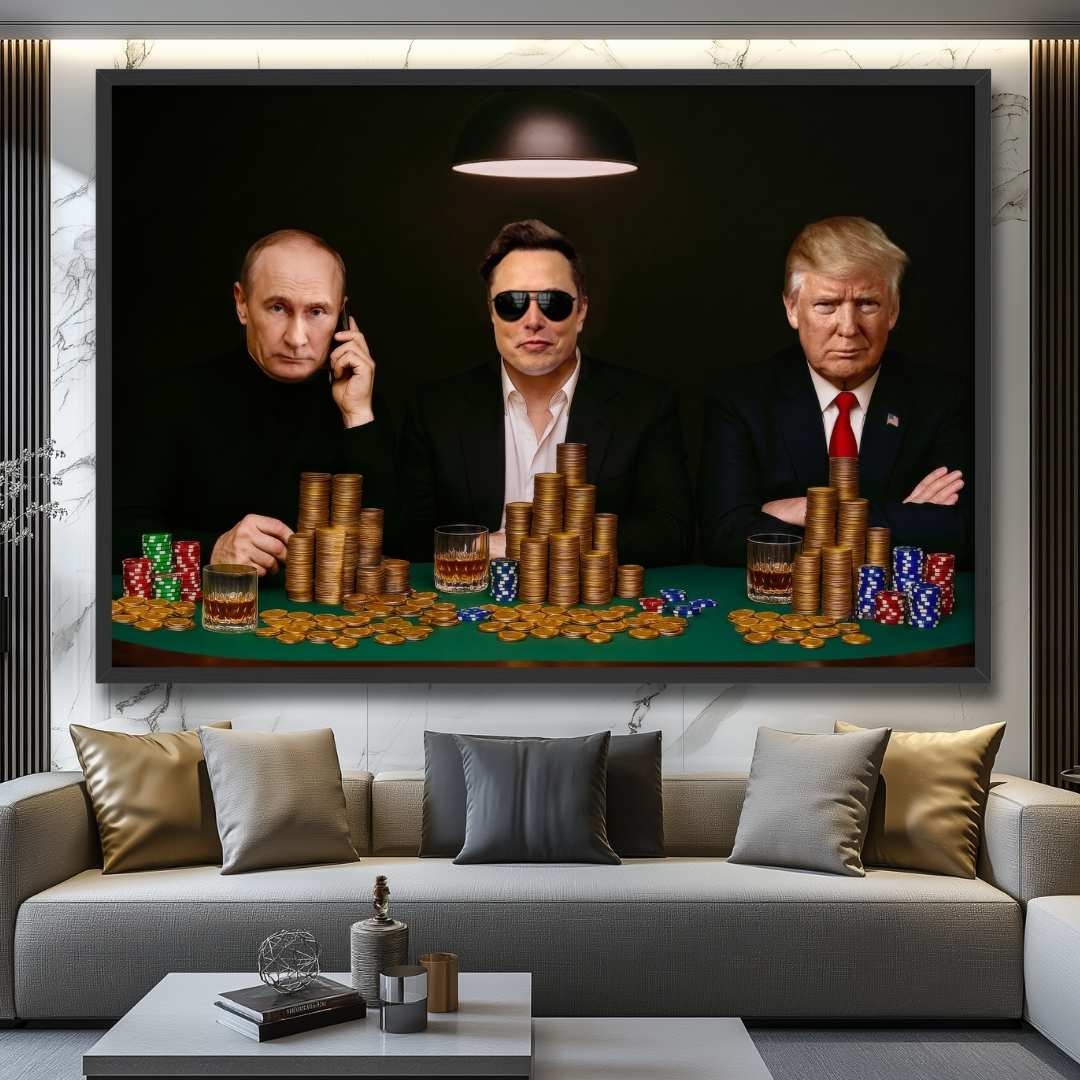 quadro moderno putin elon musk donald trump tavolo poker riunione appesa salotto