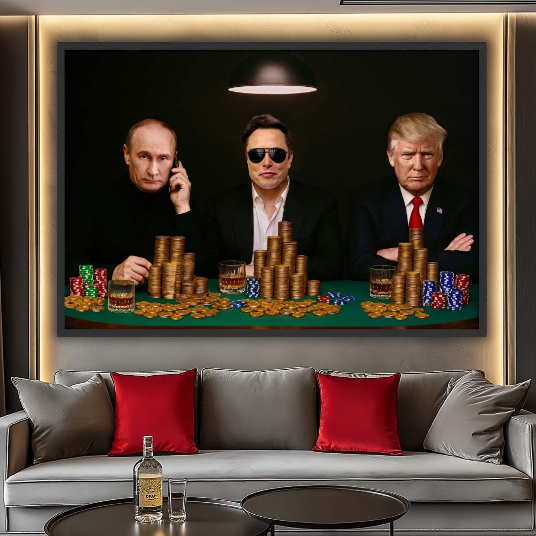 quadro moderno putin elon musk donald trump tavolo poker riunione appesa soggiorno