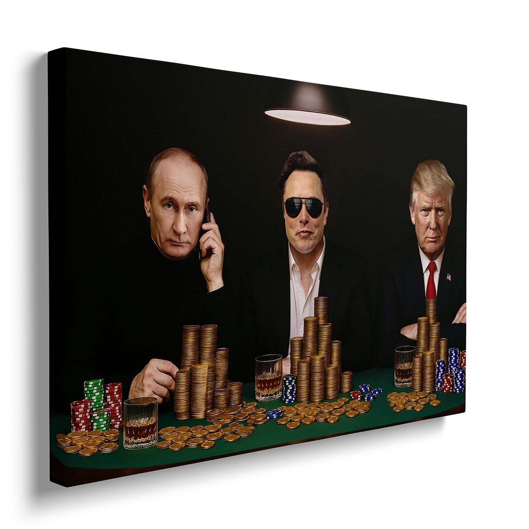 quadro moderno putin elon musk donald trump tavolo poker riunione dettaglio telaio