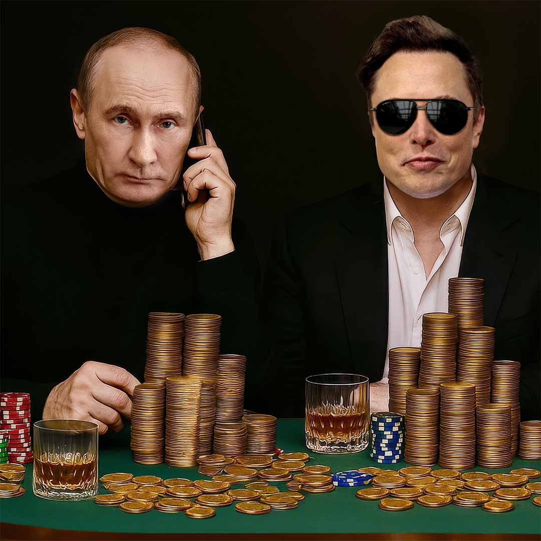quadro moderno putin elon musk tavolo poker riunione dettaglio tela