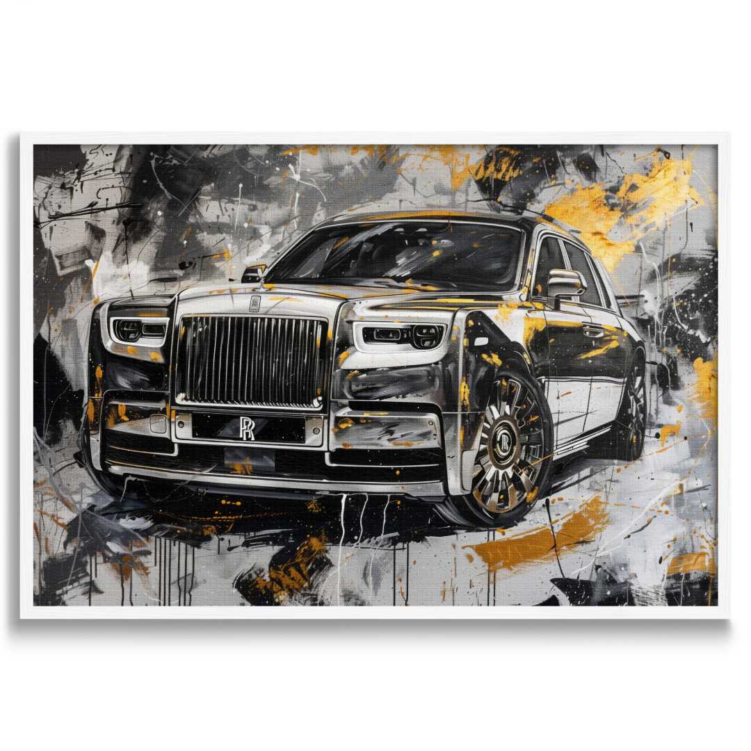 stampa su tela moderna di una Rolls Royce phantom, in stile astratto e contemporaneo con cornice bianca e su sfondo bianco