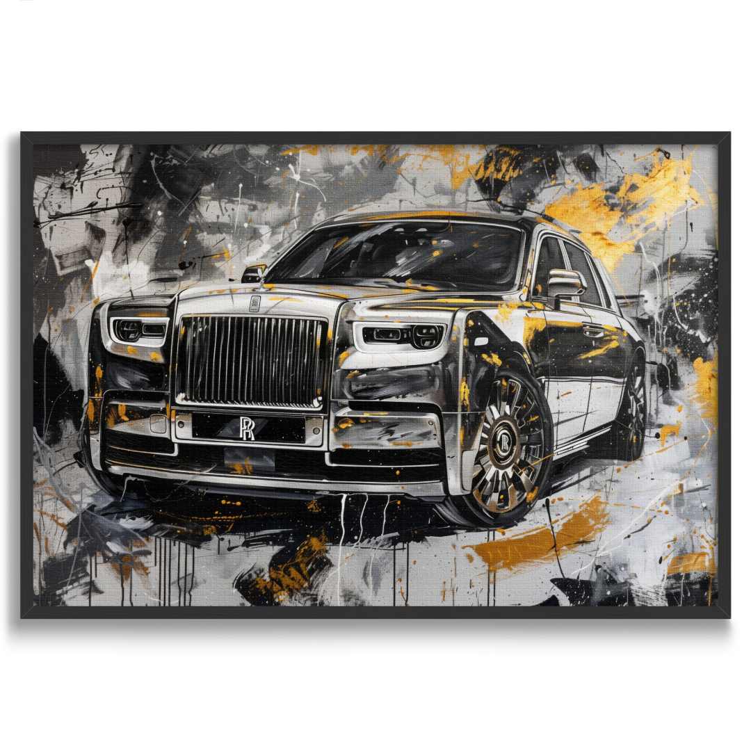 stampa su tela moderna di una Rolls Royce phantom, in stile astratto e contemporaneo con cornice nera e su sfondo bianco