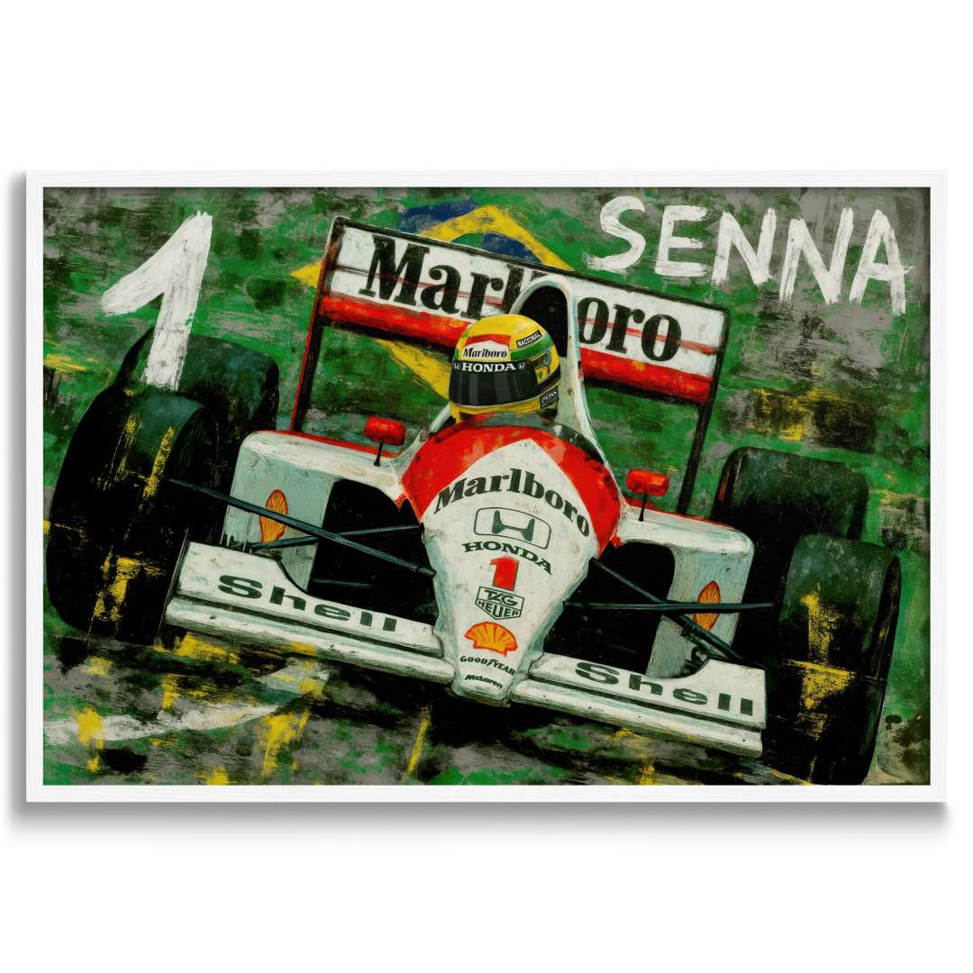 quadro moderno senna maclaren formula 1 appeso salotto bandiera brasile cornice bianca