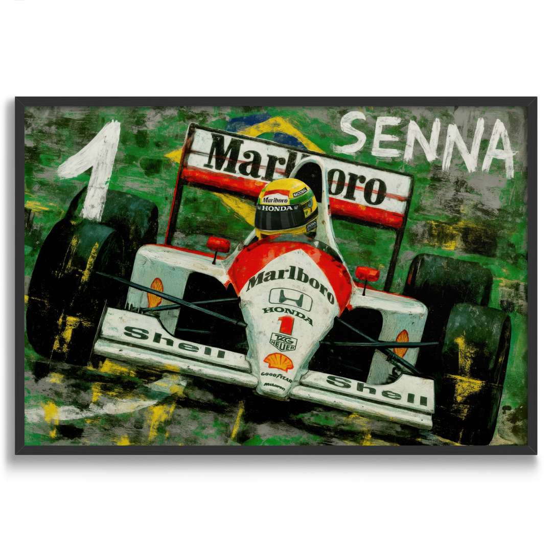 quadro moderno senna maclaren formula 1 appeso salotto bandiera brasile cornice nera