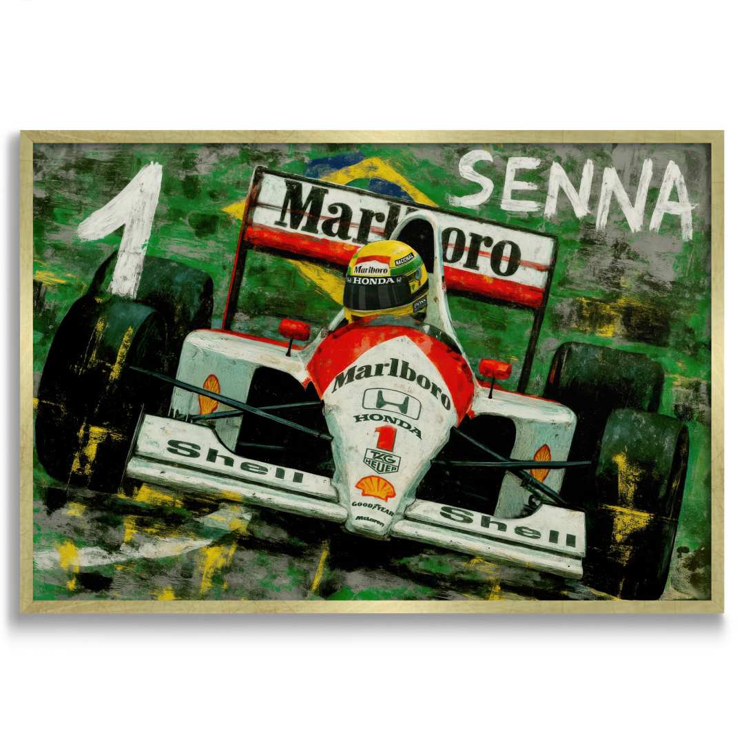 quadro moderno senna maclaren formula 1 appeso salotto bandiera brasile cornice oro