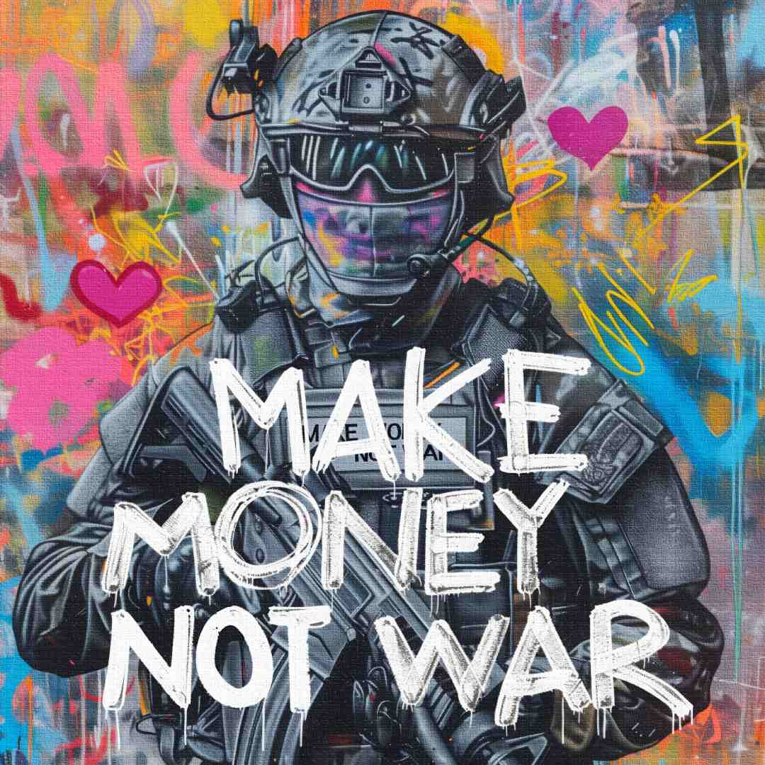 Dettaglio di stampa su tela pop art con soldato e la scritta 'make money not war', motivi di amore e affari