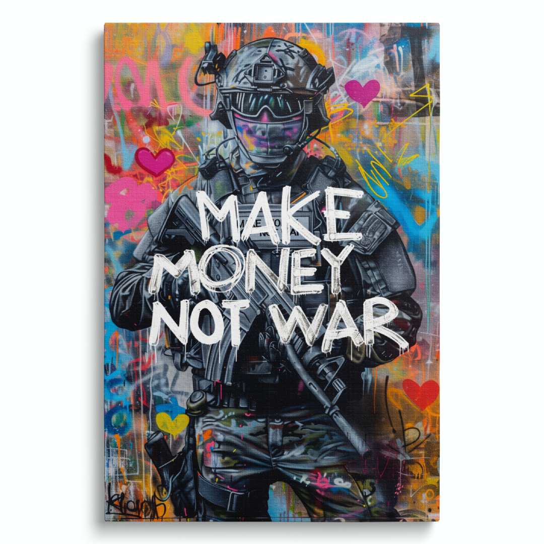 stampa su tela pop art con soldato e la scritta 'make money not war', motivi di amore e affari, su sfondo bianco