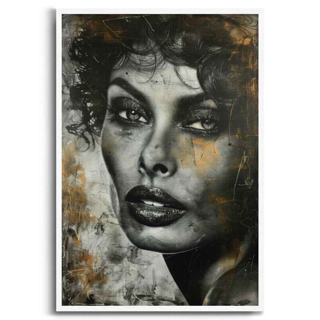 stampa su tela moderna con ritratto di sophia loren, motivi lussuosi, colori oro argento e nero, cornice bianca e sfondo bianco