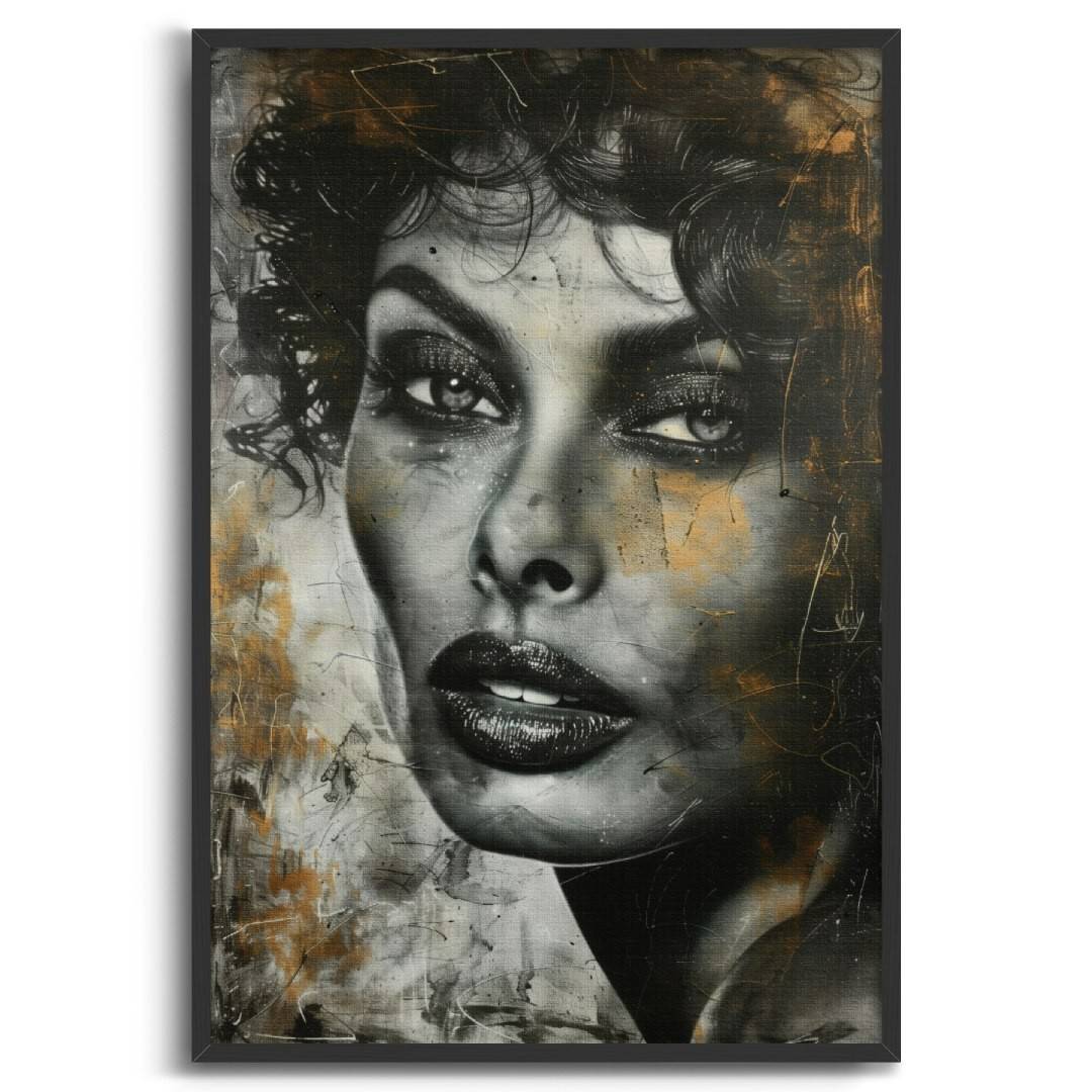 stampa su tela moderna con ritratto di sophia loren, motivi lussuosi, colori oro argento e nero, cornice nera e sfondo bianco