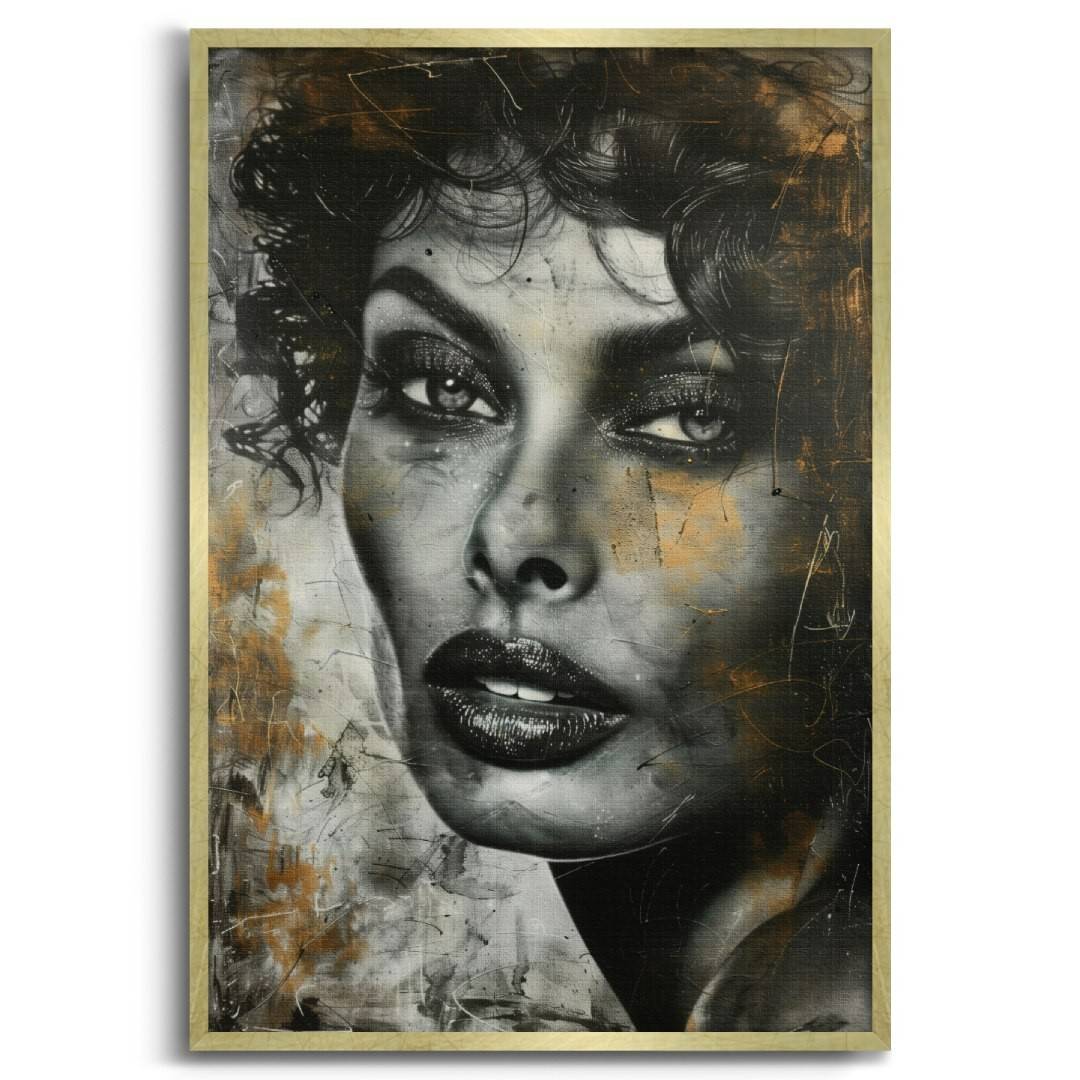 stampa su tela moderna con ritratto di sophia loren, motivi lussuosi, colori oro argento e nero, cornice oro e sfondo bianco