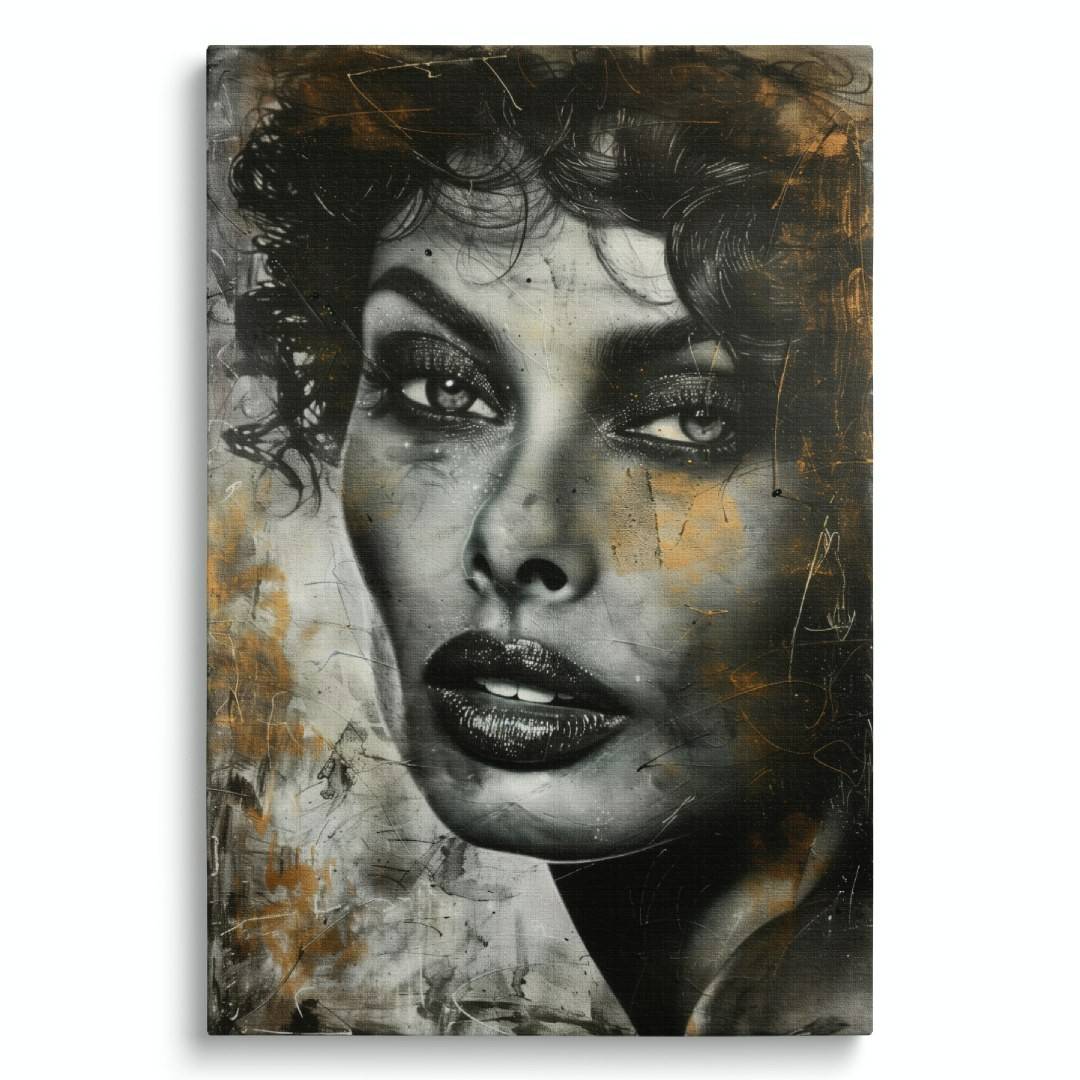 stampa su tela moderna con ritratto di sophia loren, motivi lussuosi, colori oro argento e nero, su sfondo bianco