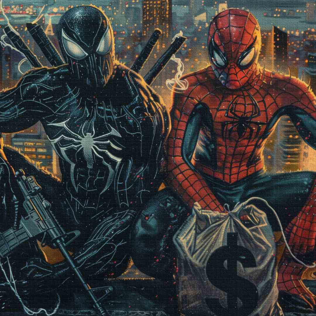 dettaglio di stampa su tela pop art con spiderman e venom in cima ad un grattacielo di notte, con soldi e fucili