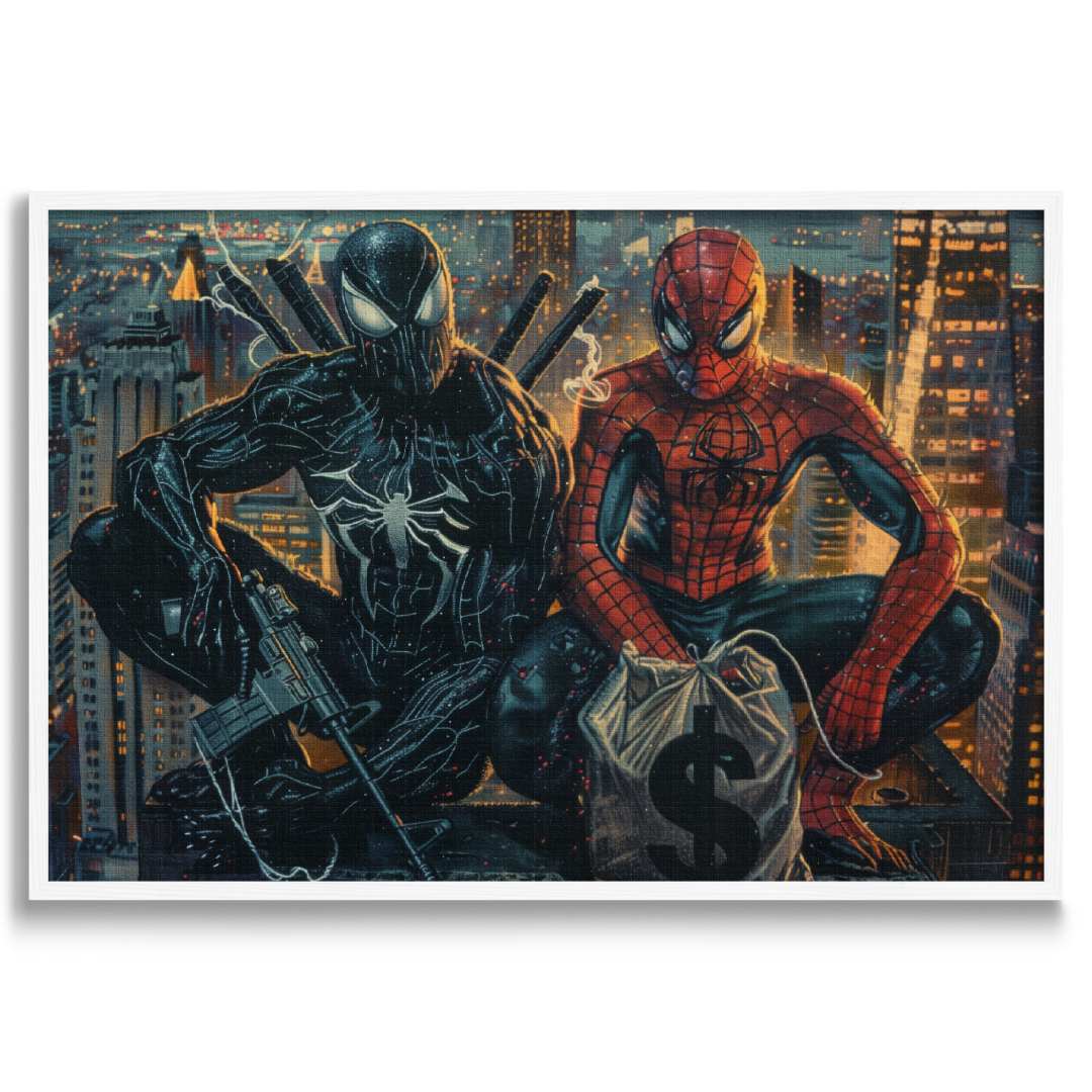 stampa su tela pop art con spiderman e venom in cima ad un grattacielo di notte, con soldi e fucili, cornice e sfondo bianchi