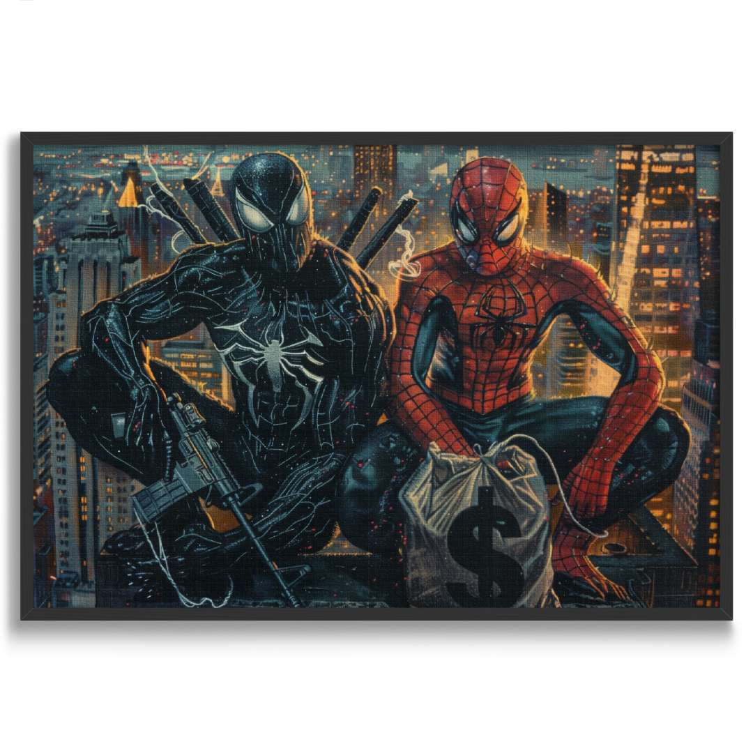 stampa su tela pop art con spiderman e venom in cima ad un grattacielo di notte, con soldi e fucili, cornice nera e sfondo bianco