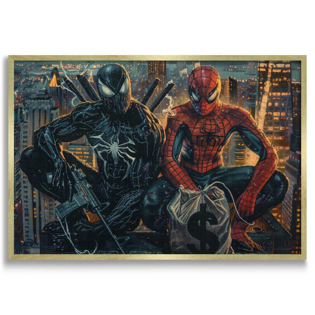 stampa su tela pop art con spiderman e venom in cima ad un grattacielo di notte, con soldi e fucili, cornice oro e sfondo bianco