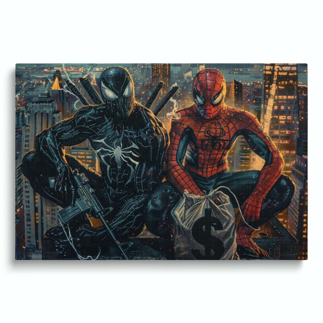 stampa su tela pop art con spiderman e venom in cima ad un grattacielo di notte, con soldi e fucili, su sfondo bianco