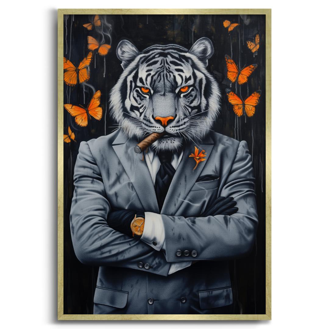 stampa su tela tigre business boss quadro moderno cornice oro sfondo bianco