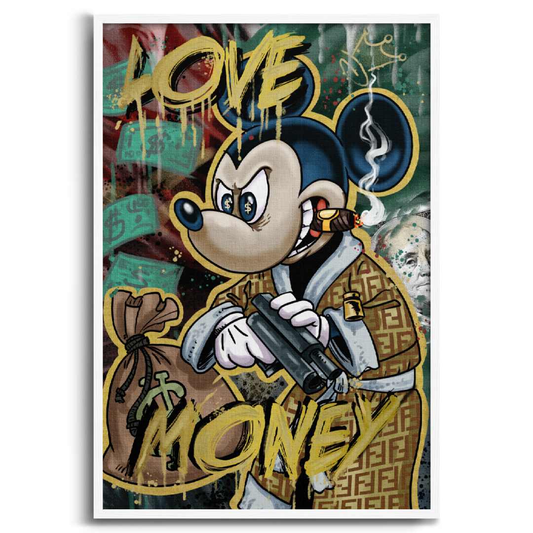 Tela pop art di Topolino in abito Fendi con una pistola e un sigaro, con la scritta 'Love Money', cornice e sfondo bianchi