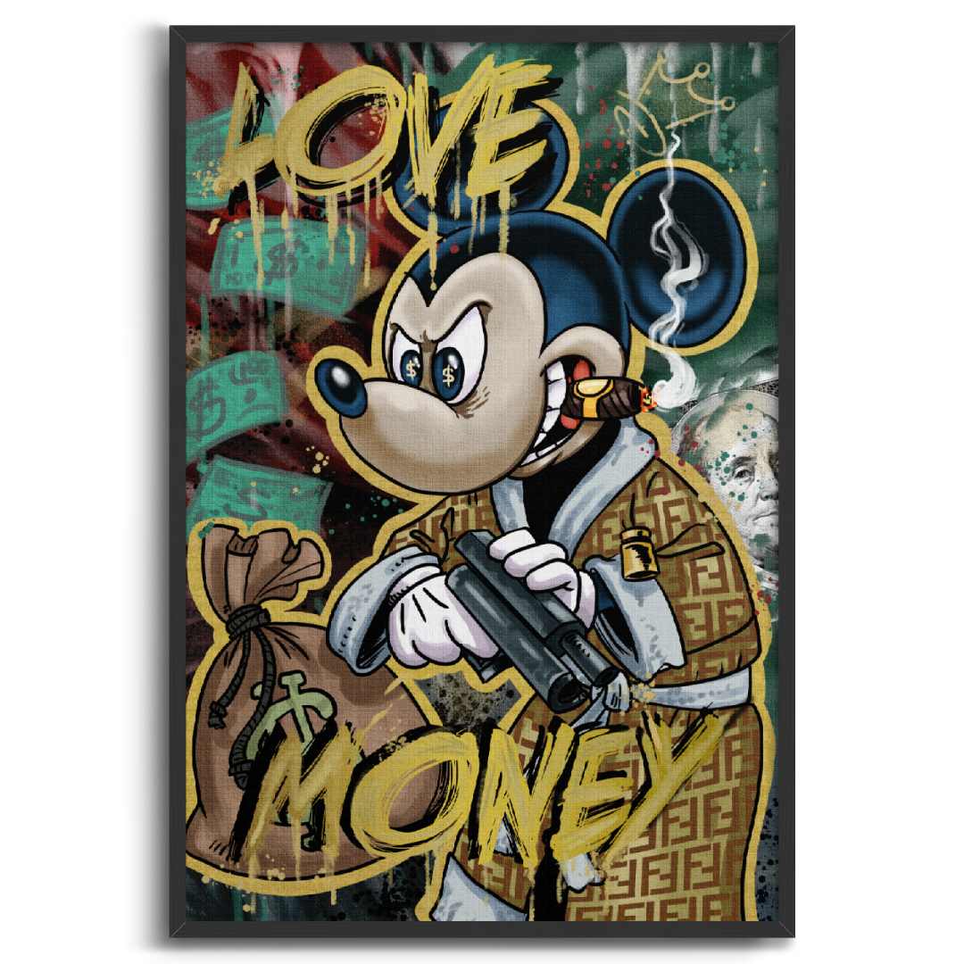 Tela pop art di Topolino in abito Fendi con una pistola e un sigaro, con la scritta 'Love Money', cornice nera e sfondo bianco