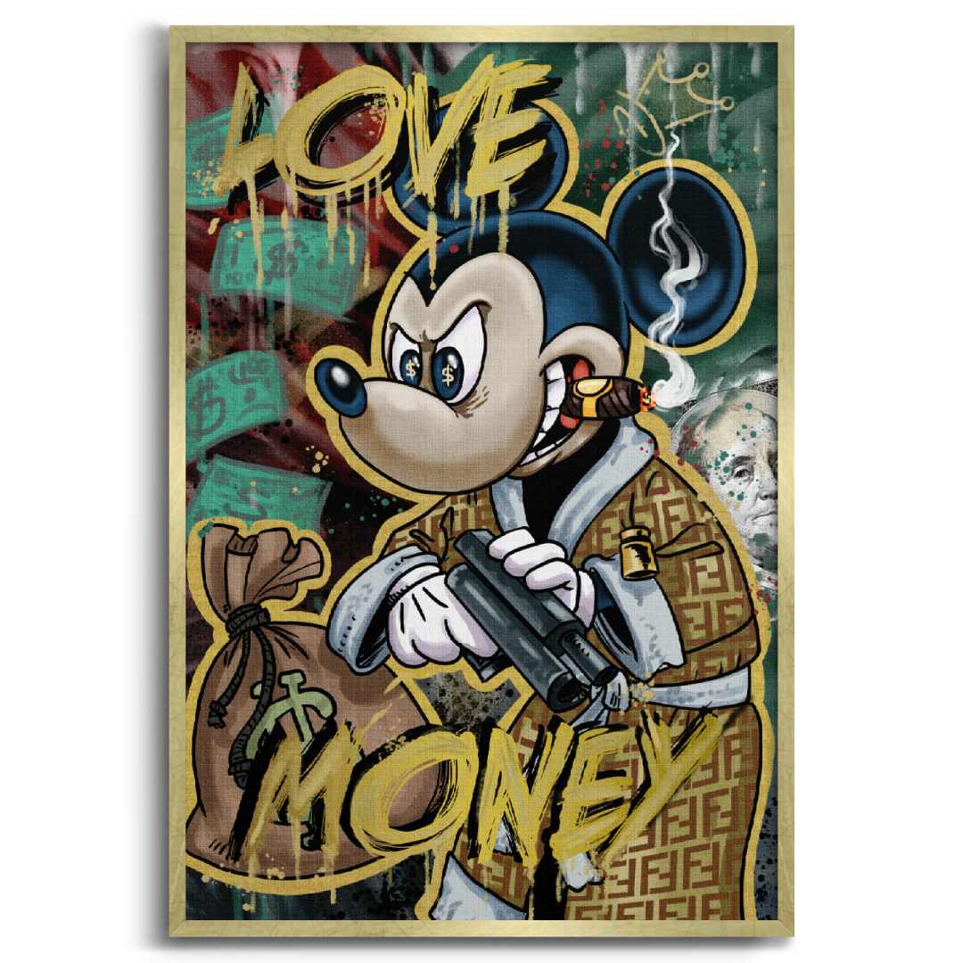 Tela pop art di Topolino in abito Fendi con una pistola e un sigaro, con la scritta 'Love Money', cornice oro e sfondo bianco