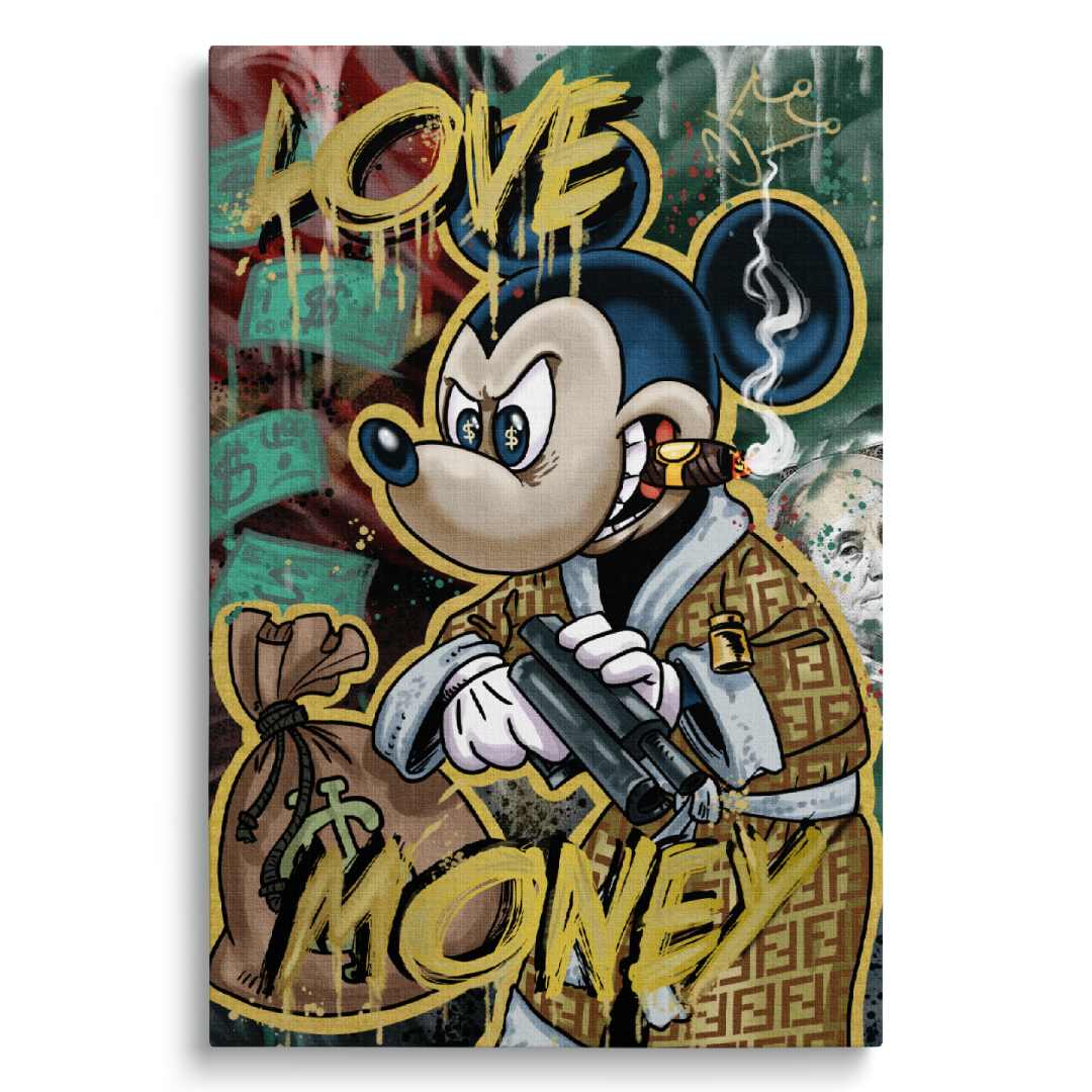 Stampa su tela pop art di Topolino in abito Fendi con una pistola e un sigaro, con la scritta 'Love Money', su sfondo bianco