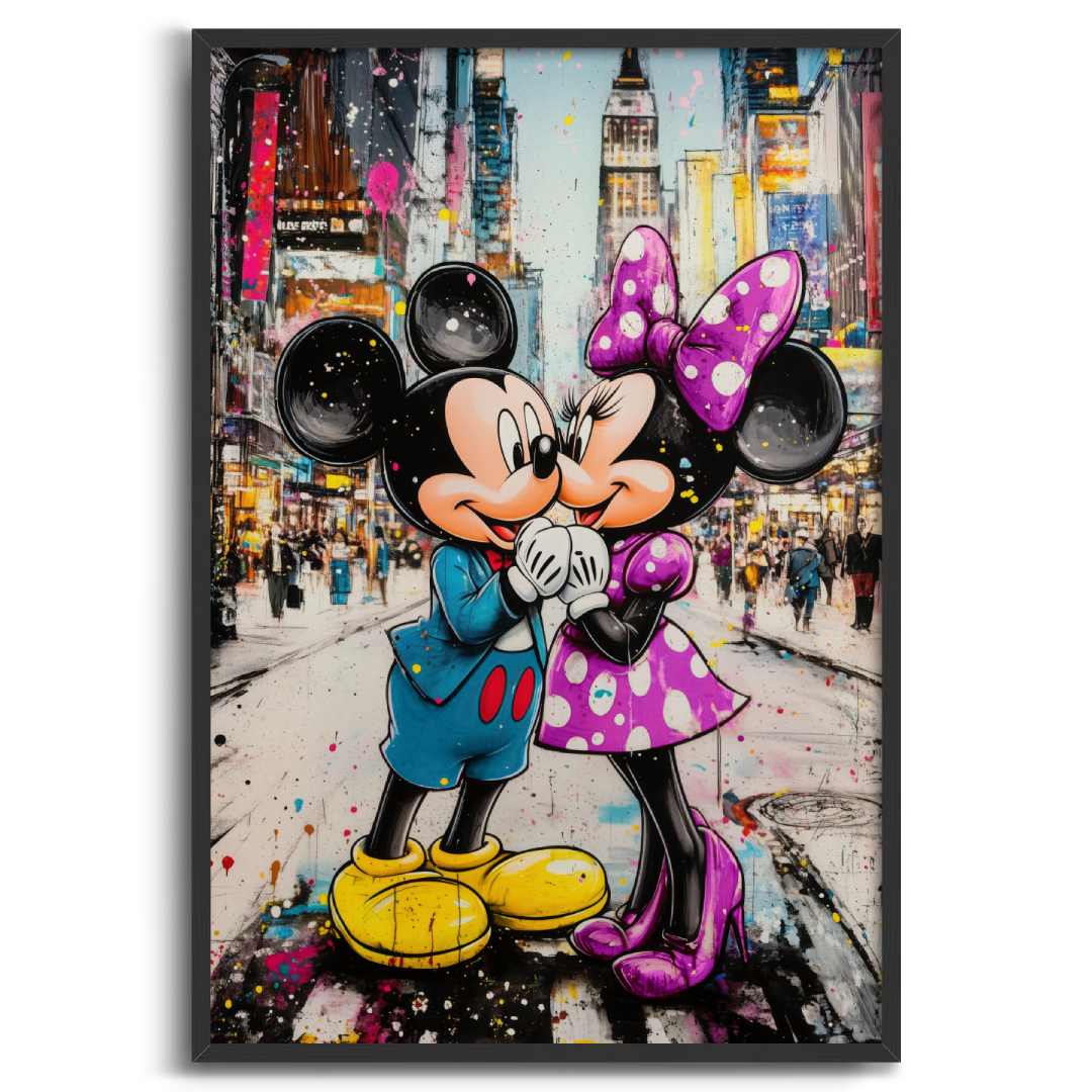quadro topolino minnie bacio a new york colorato cornice nera sfondo bianco