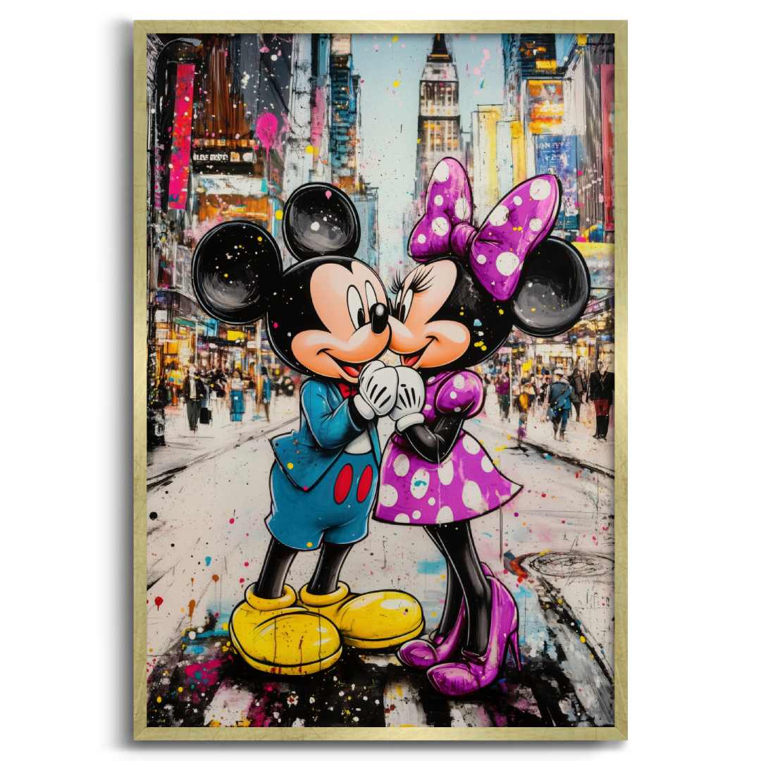 quadro topolino minnie bacio a new york colorato cornice oro sfondo bianco