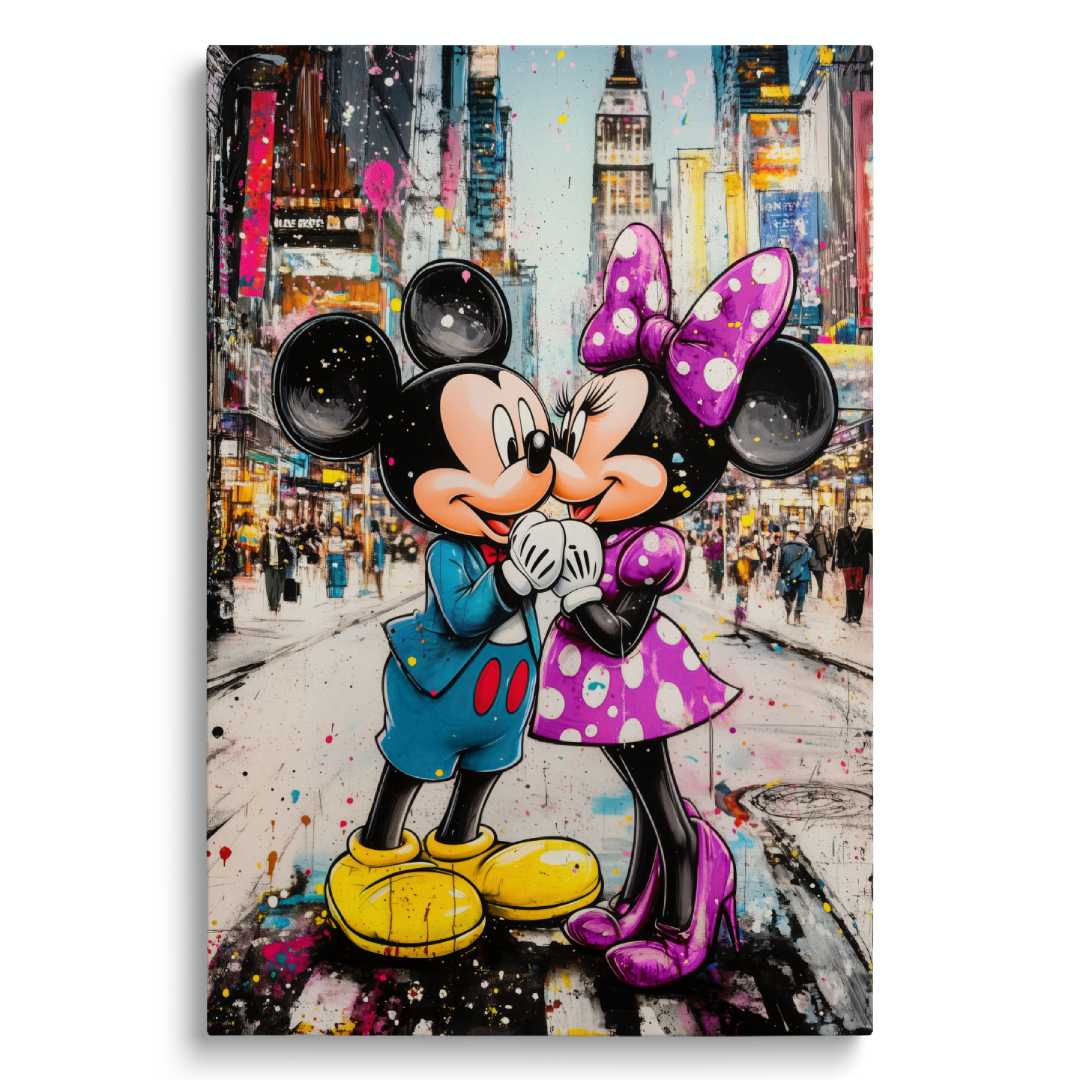 quadro topolino minnie bacio a new york colorato sfondo bianco