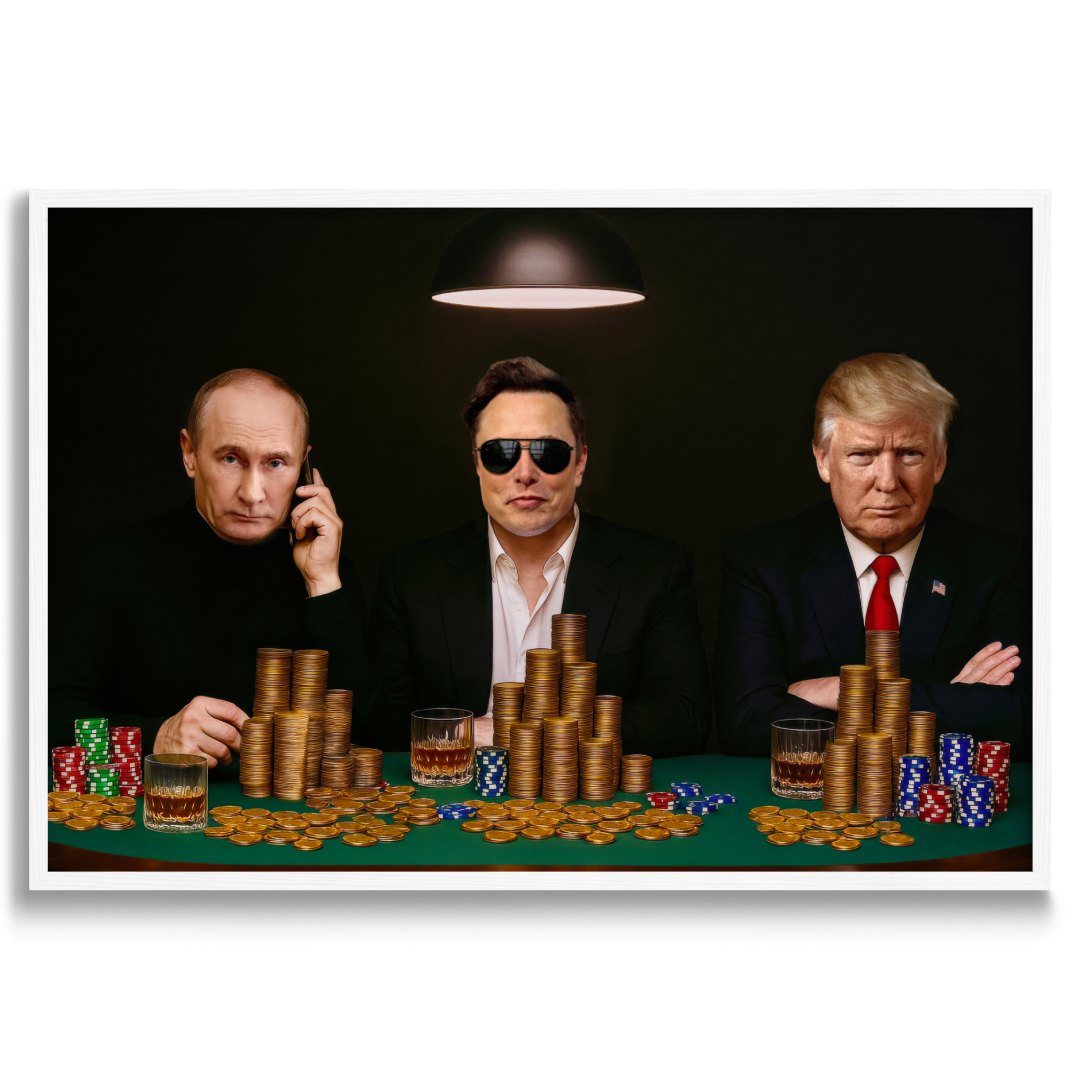 quadro moderno donald trump elon musk e vladimir putin che giocano a poker fiches e soldi appeso cornice bianca