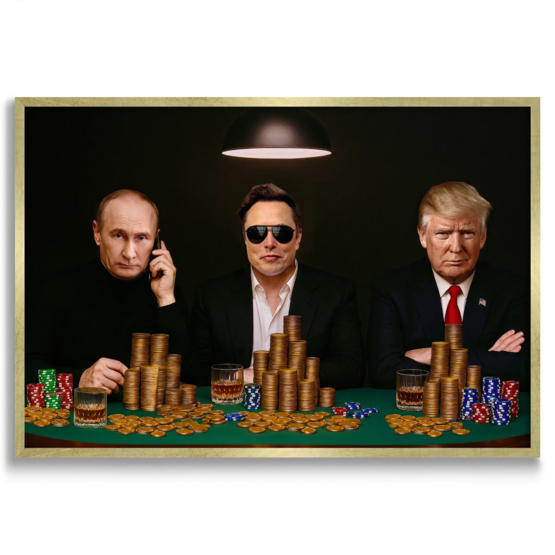quadro moderno donald trump elon musk e vladimir putin che giocano a poker fiches e soldi appeso cornice oro