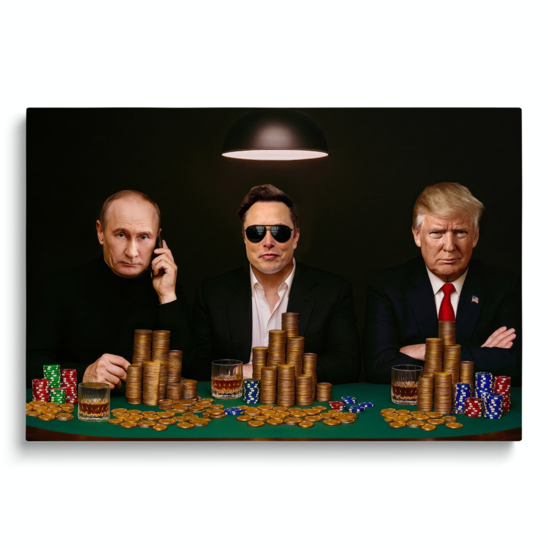 quadro moderno donald trump elon musk e vladimir putin che giocano a poker fiches e soldi