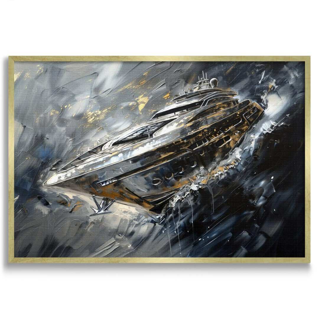 Stampa su tela moderna di uno Yacht in stile astratto-contemporaneo, colori oro nero e argento, cornice oro e sfondo bianco.