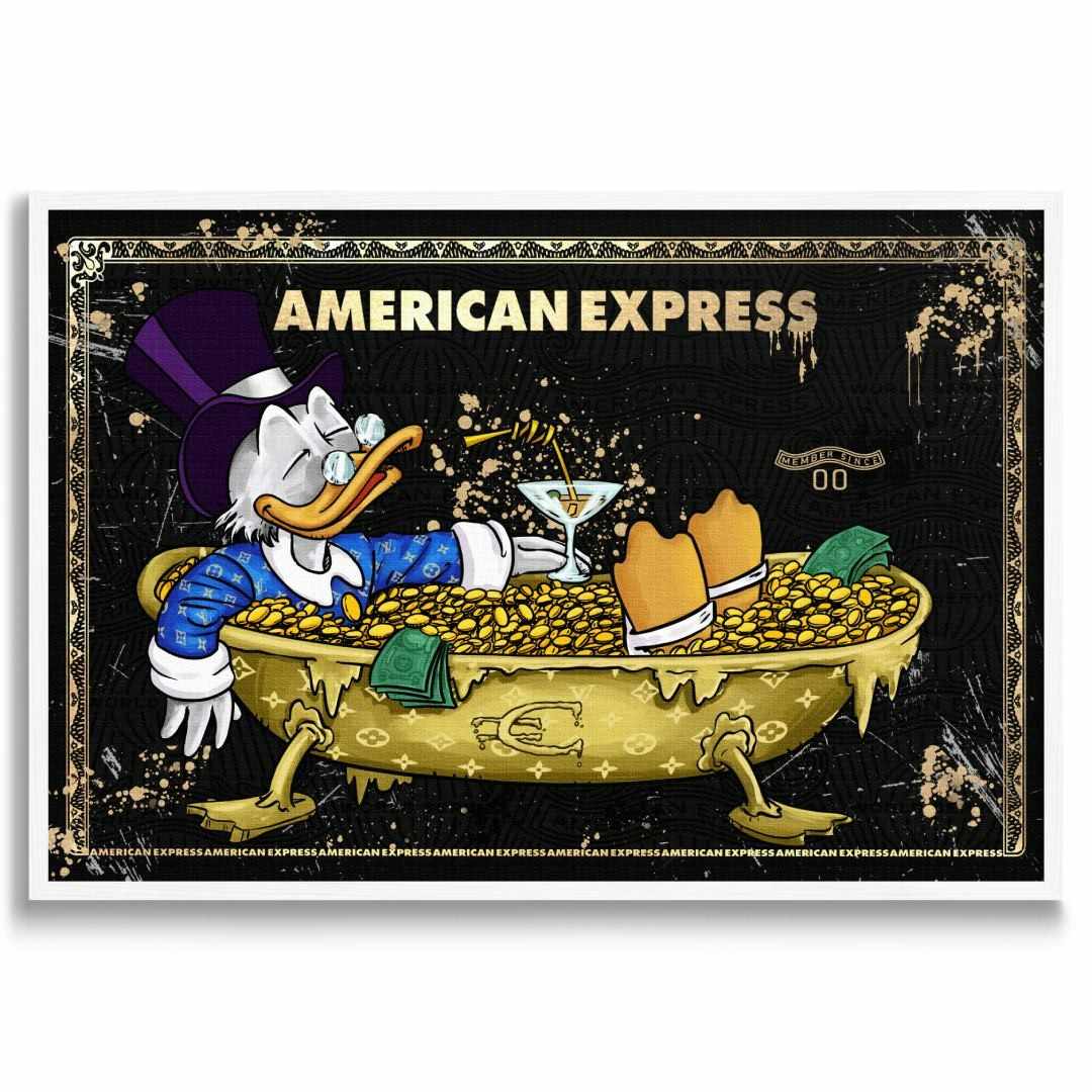 Stampa su tela pop art di American Express con Zio Paperone in abito LV dentro una jacuzzi d'oro, con cornice e sfondo bianchi