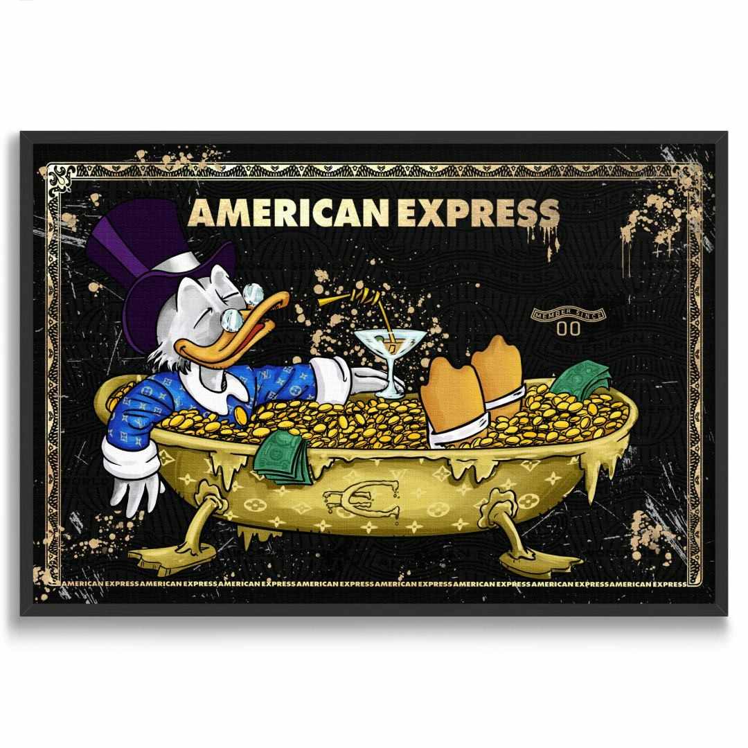 Stampa su tela pop art di American Express con Zio Paperone in abito LV dentro una jacuzzi d'oro, con cornice nera e sfondo bianco