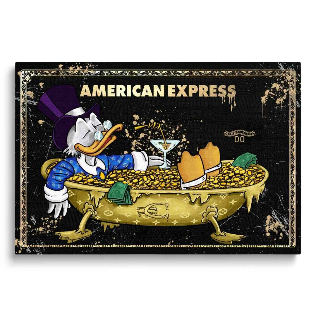 Stampa su tela pop art di American Express con Zio Paperone in abito LV dentro una jacuzzi d'oro, su sfondo bianco