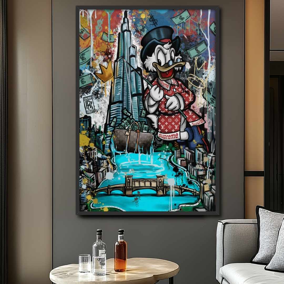 salotto appesa stampa su tela pop art di Dubai e Burj Khalifa con zio paperone in abito Louis Vuitton, motivi lussuosi