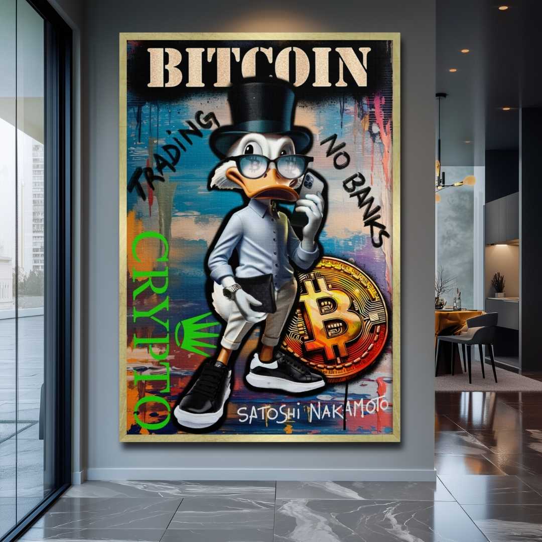 soggiorno appesa stampa su tela pop art con zio paperone crypto trader, scritta grande 'bitcoin'