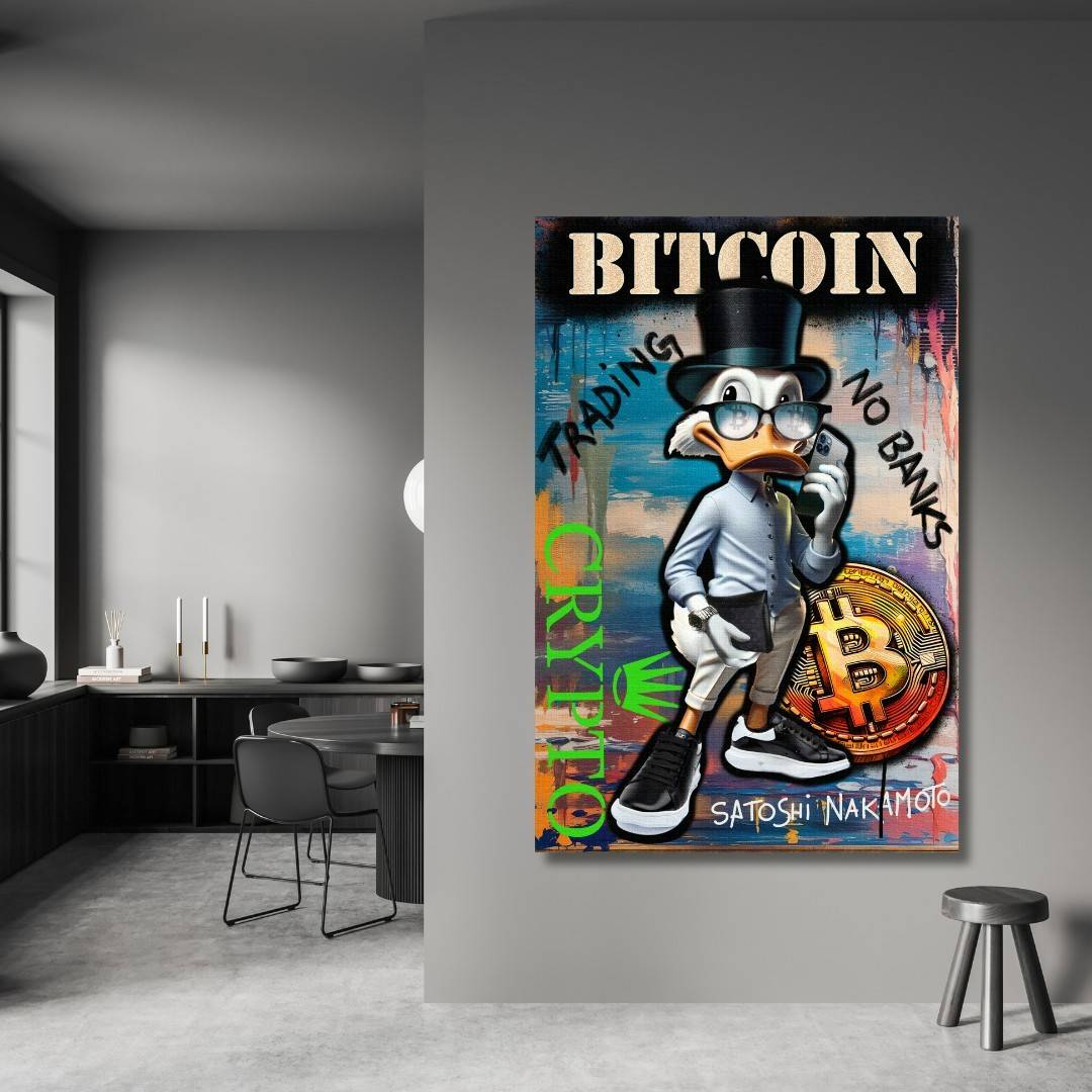 stampa su tela pop art con zio paperone crypto trader, scritta grande 'bitcoin', esibita in un moderno studio