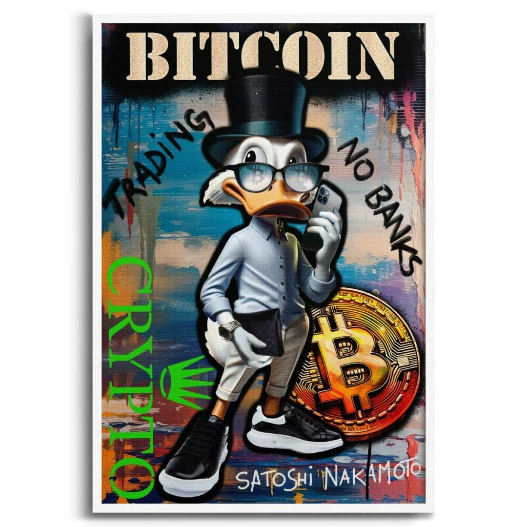 stampa su tela pop art con zio paperone crypto trader, scritta grande 'bitcoin' con cornice bianca e sfondo bianco