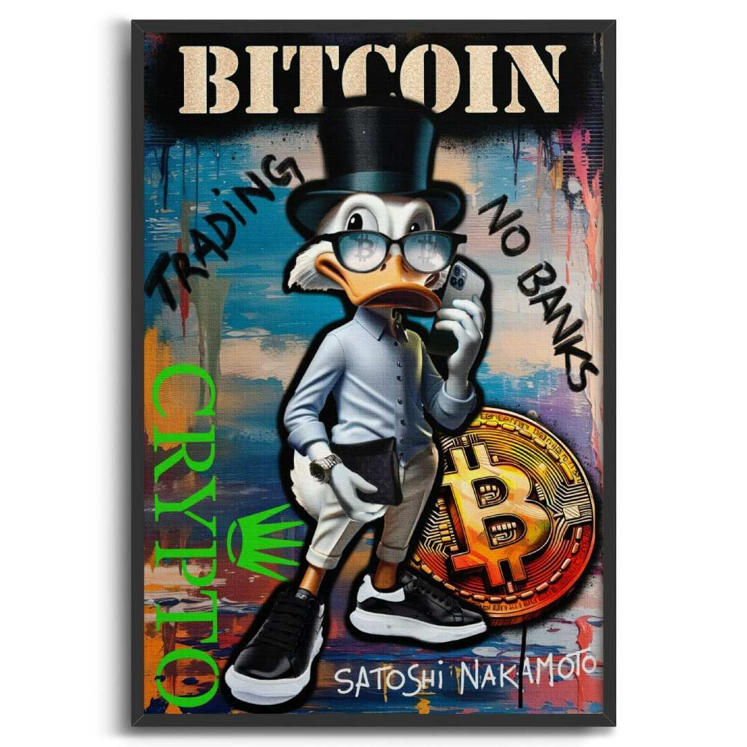 stampa su tela pop art con zio paperone crypto trader, scritta grande 'bitcoin' con cornice nera e sfondo bianco