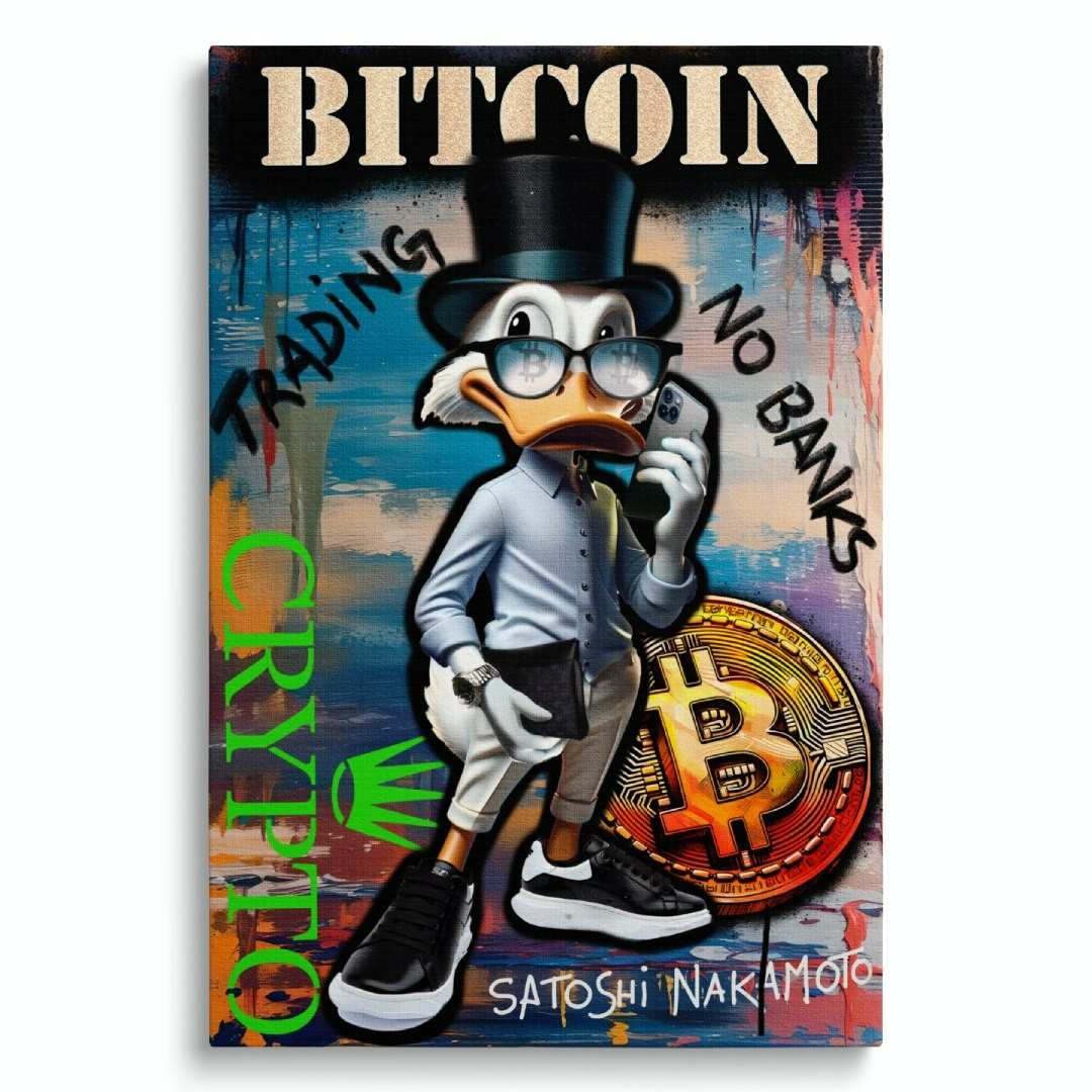 stampa su tela pop art con zio paperone crypto trader, scritta grande 'bitcoin', su sfondo bianco