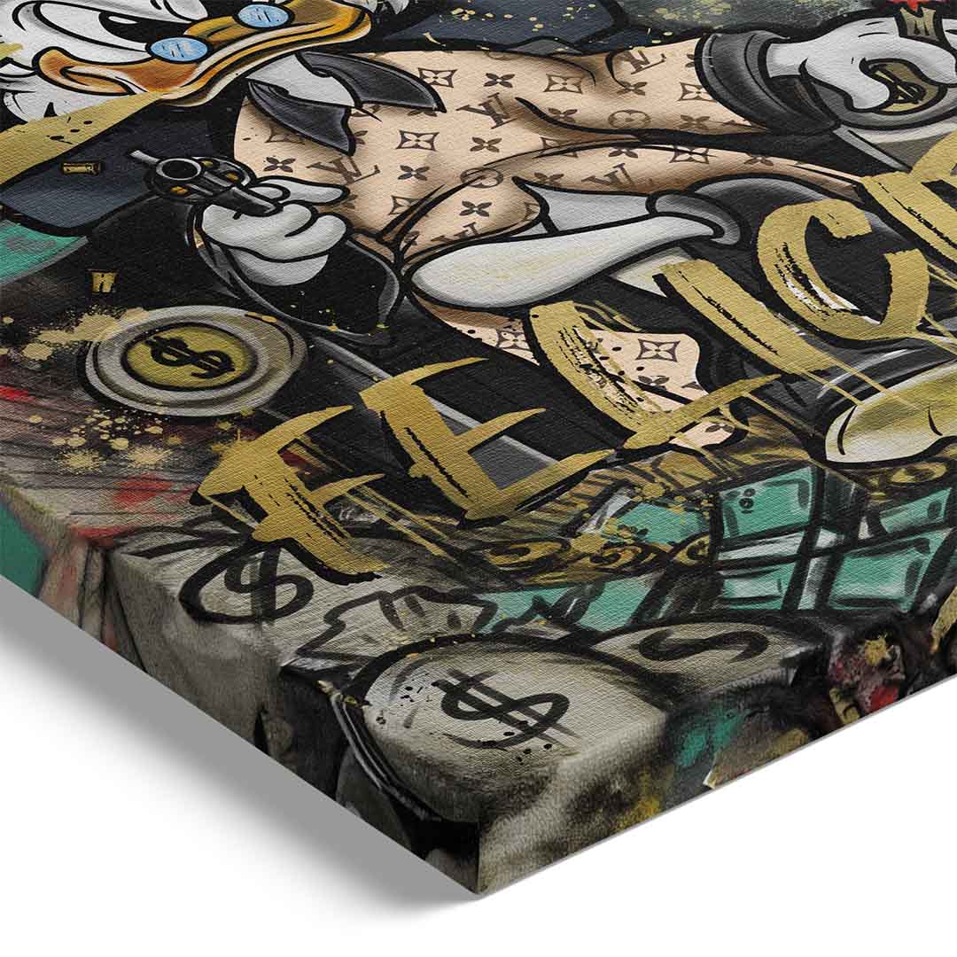 Stampa su tela pop art con Zio Paperone in abito LV seduto con pistola e sigaro, scritta 'Soldi = Felicità', su sfondo bianco telaio ravvicinato