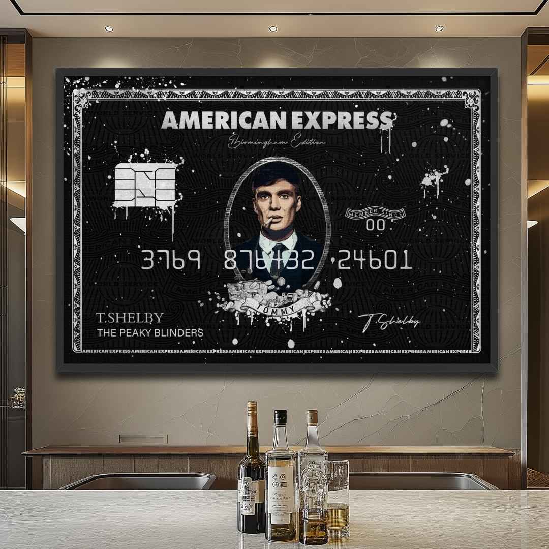 ufficio appesa tela pop art di una carta Amex Centurion con Cillian Murphy come Tommy Shelby di Peaky Blinders