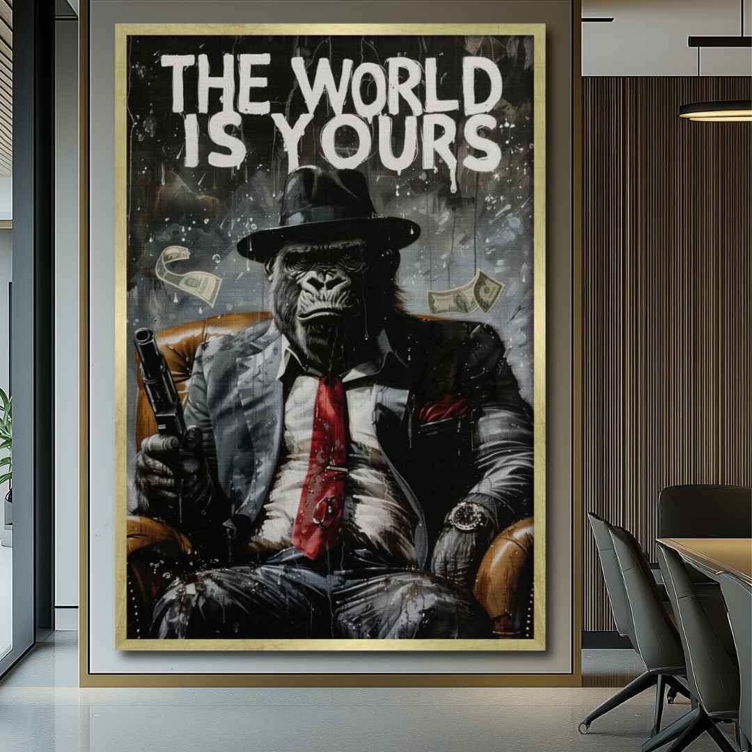 ufficio appesa Stampa su tela moderna di un gorilla gangster con una pistola, con scritta 'the world is yours'