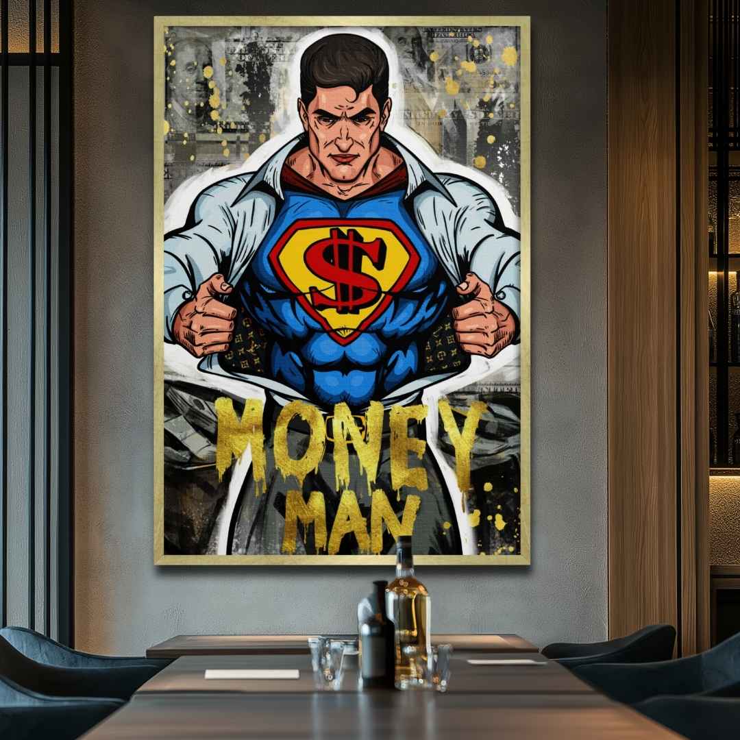 bar di ufficio appesa stampa su tela pop art di Superman con il simbolo '$' invece della 'S' classica, motivi lussuosi