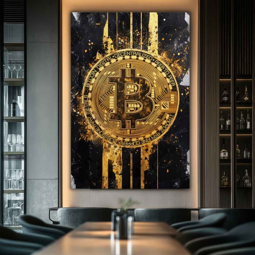 stampa su tela moderna bitcoin cripto oro nera appesa in bar di ufficio