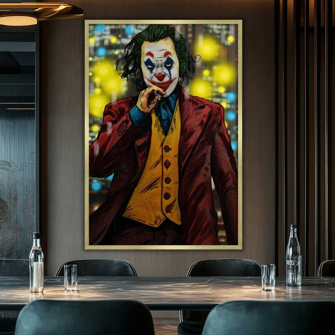 stampa su tela moderna con ritratto di joker che fuma in stile pop art con luci metropolitane, appesa in ufficio hotel