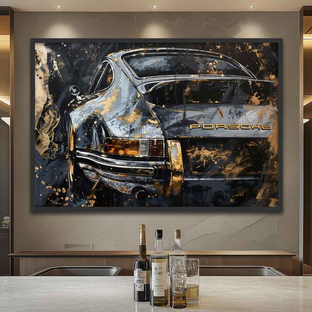 Stampa su tela moderna di una Porsche 911 Vintage in stile astratto-contemporaneo, colori oro nero e azzurro, in ufficio hotel