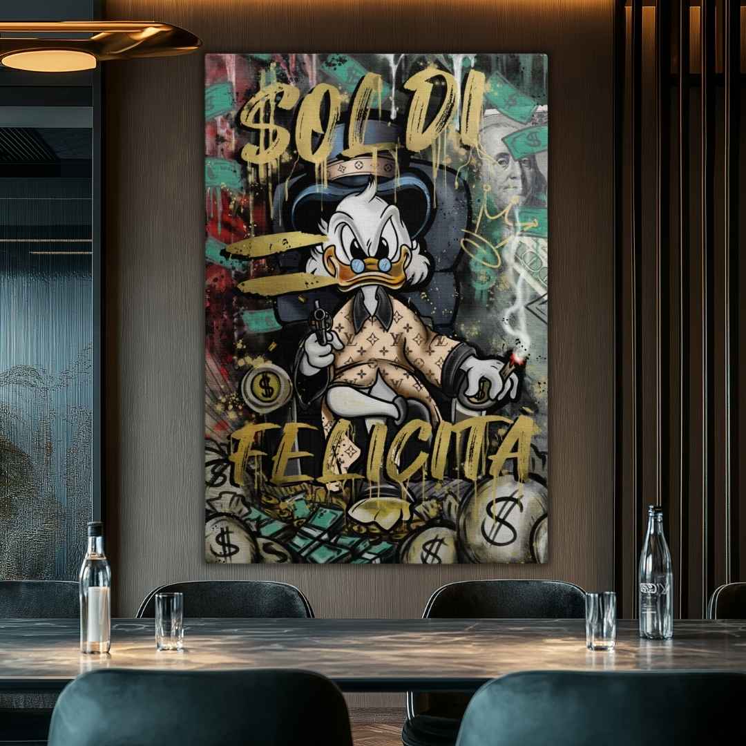 Stampa su tela pop art con Zio Paperone in abito LV seduto con pistola e sigaro, scritta 'Soldi = Felicità', appesa in stanza riunioni hotel