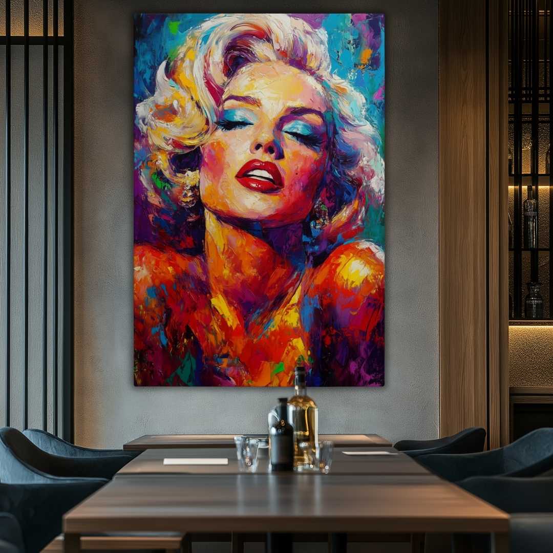 stampa su tela ritratto marilyn monroe colorato moderno, appesa in ristorante di ufficio moderno